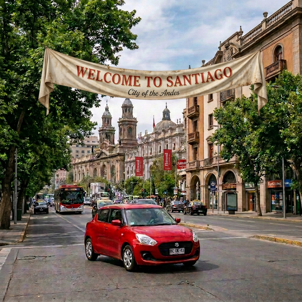Red hatchback and city bus on a busy street beneath Santiago skyscrapers