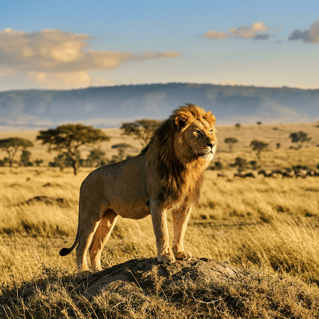 Male lion standing on a rock in the African savanna