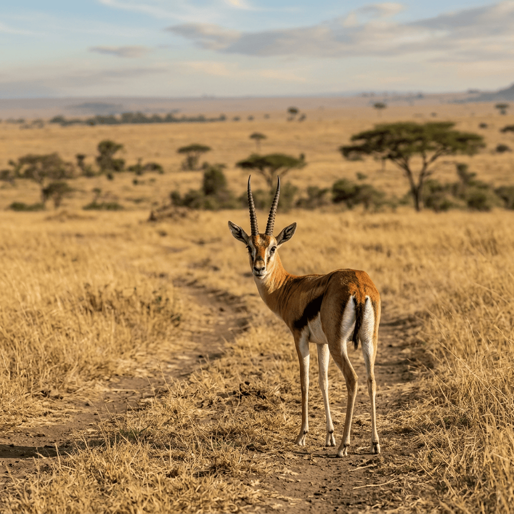 Antelope standing on a dirt trail in a golden savanna