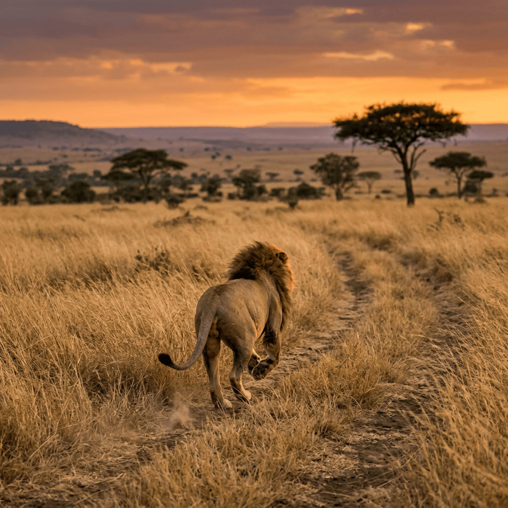 Male lion walking along a trail through golden savanna grass